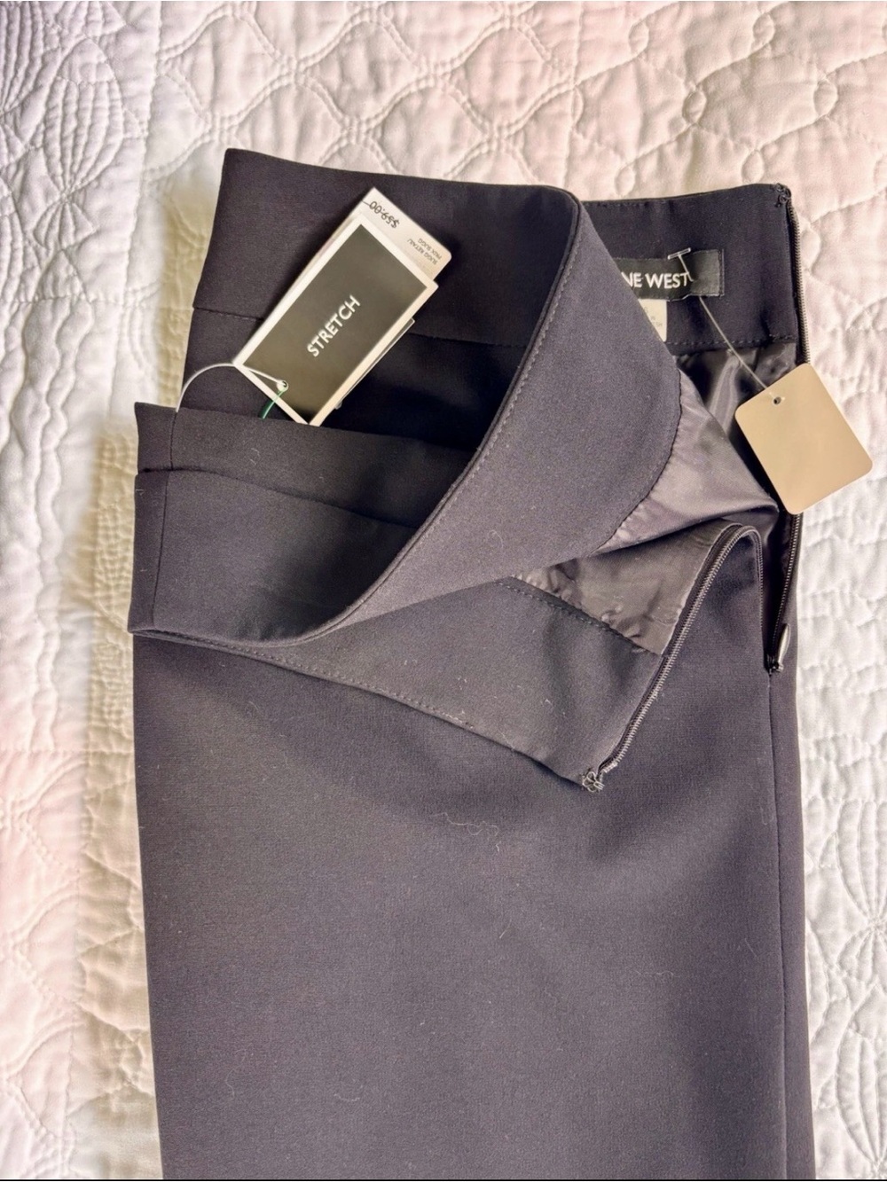 Nine West Stretch Black Knee Length Pencil Skirt Side Zip Back Slit Womens Sz 6